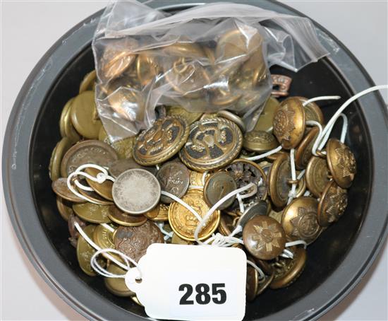 A collection of military cap badges and buttons.